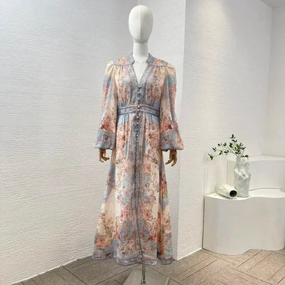 New High Quality Linen Elegant Long Lantern Sleeve Floral Print Waist Women Re-tro Midi Dress