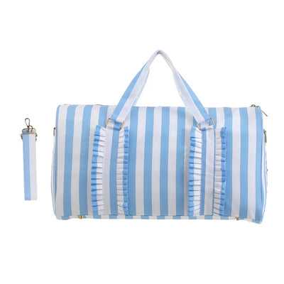 Nylon Duffel Bag Women Ruffle Duffle Gingham Weekend Sports Overnight Travel Vacation Gift Stripe Detachable Adjustable Strap
