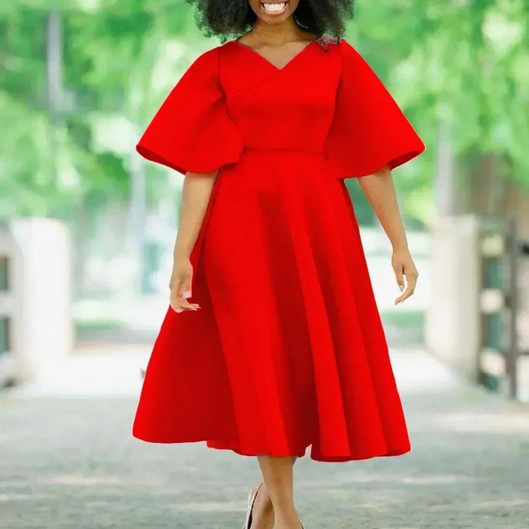 Elegant party dresses for women v neck ruffles sleeve high waisted pleated mid calf luxury birthday dinner vestidos