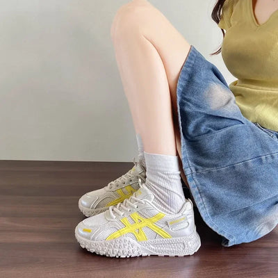 Women's Breathable Mesh Summer Running Shoes Comfortable Thick Bottom Dad Casual Shoes Versatile Pigskin Lined Rubber Soft Sole