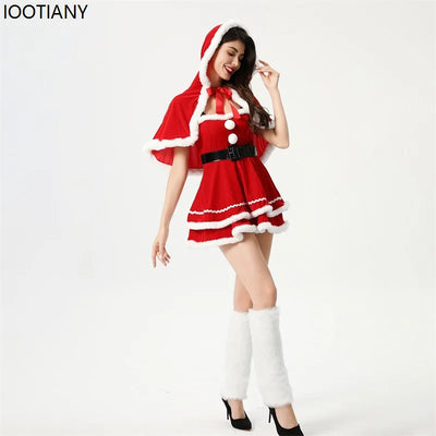 Christmas Costume Women Santa Tube Top Dress With Hood Shawl Belt Xmas Lolita Dresses Christmas Gifts Carnival Party Fancy Suits