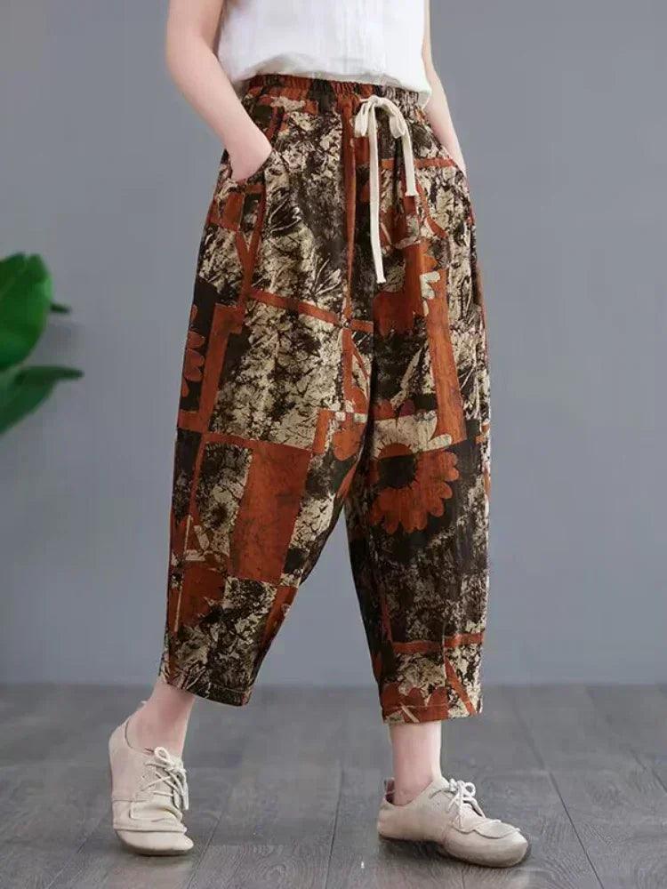 Fashion printed cotton linen harem pants for women 2025 summer casual high waist calf-length loose trousers female