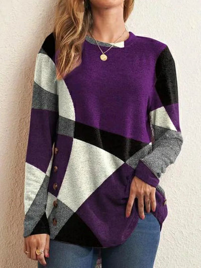 European and American Women Casual Color Block Long Sleeve Buttons Top Dressy Casual  Geometric Tunic Tops Crewneck T Shirts