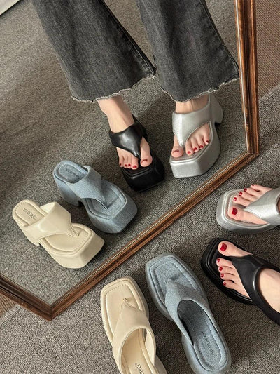 Women's Summer Outdoor Platform Sandals Flip Flops High Heel Thi Bot Clog oes Heightening Slippers Korean Sle PU Mat...