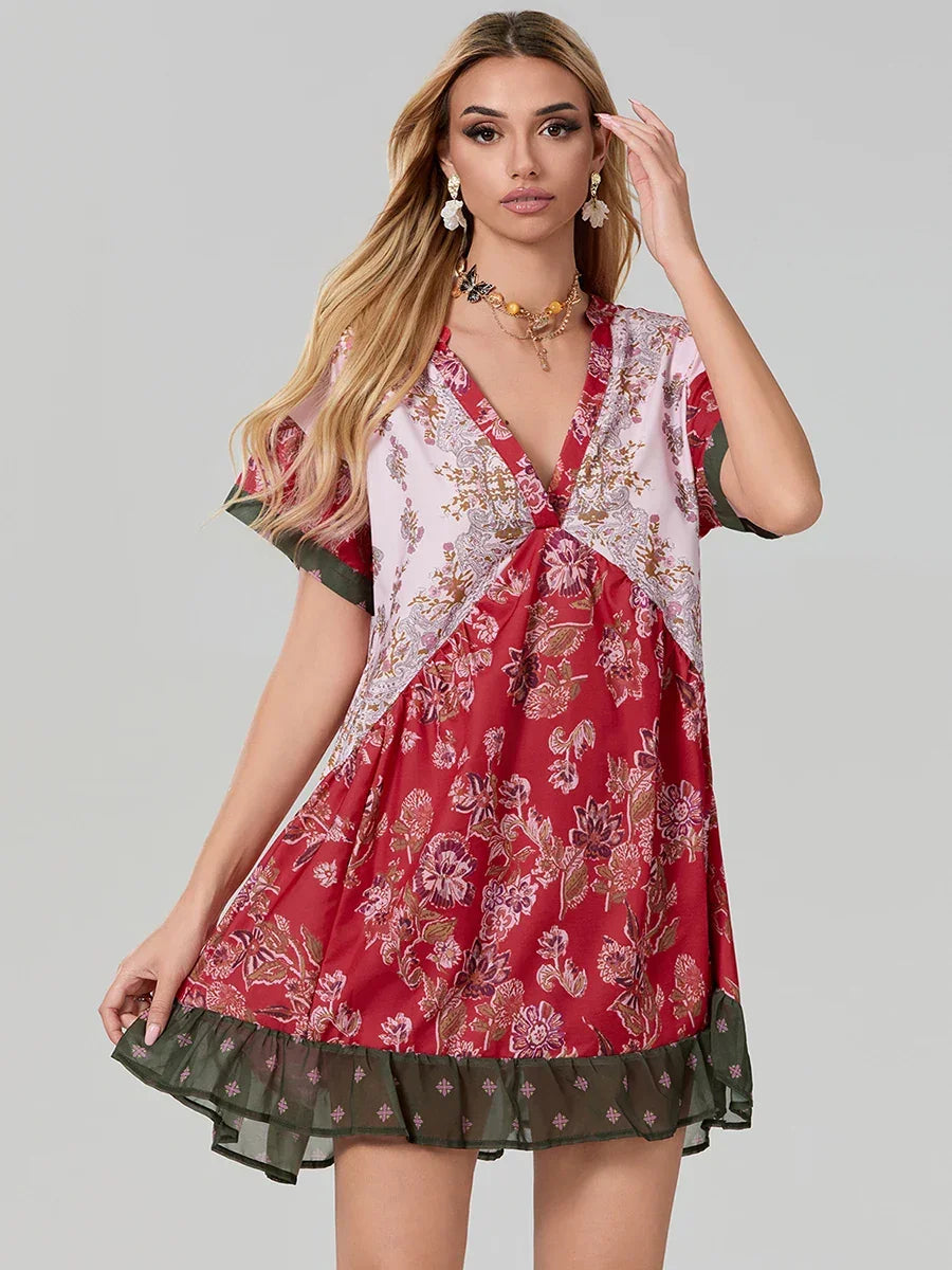 Women Summer Babydoll Dress Bohemian Holiday Vintage Floral Print Short Sleeve Deep V-Neck Flowy Dress with Pockets