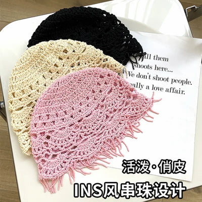 Personalized Beaded Fringed Knitted Beanies for Women Summer Autumn Thin Hollow Versatile Casual Retro Ethnic Style Pullover Hat