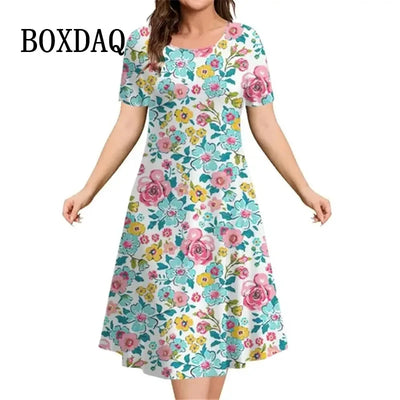 Summer Woman Short Sleeve Dress Elegant Party Evening Dress Women‘S Clothing Party A-Line Skirt Crushed Flower Pullover Dresses