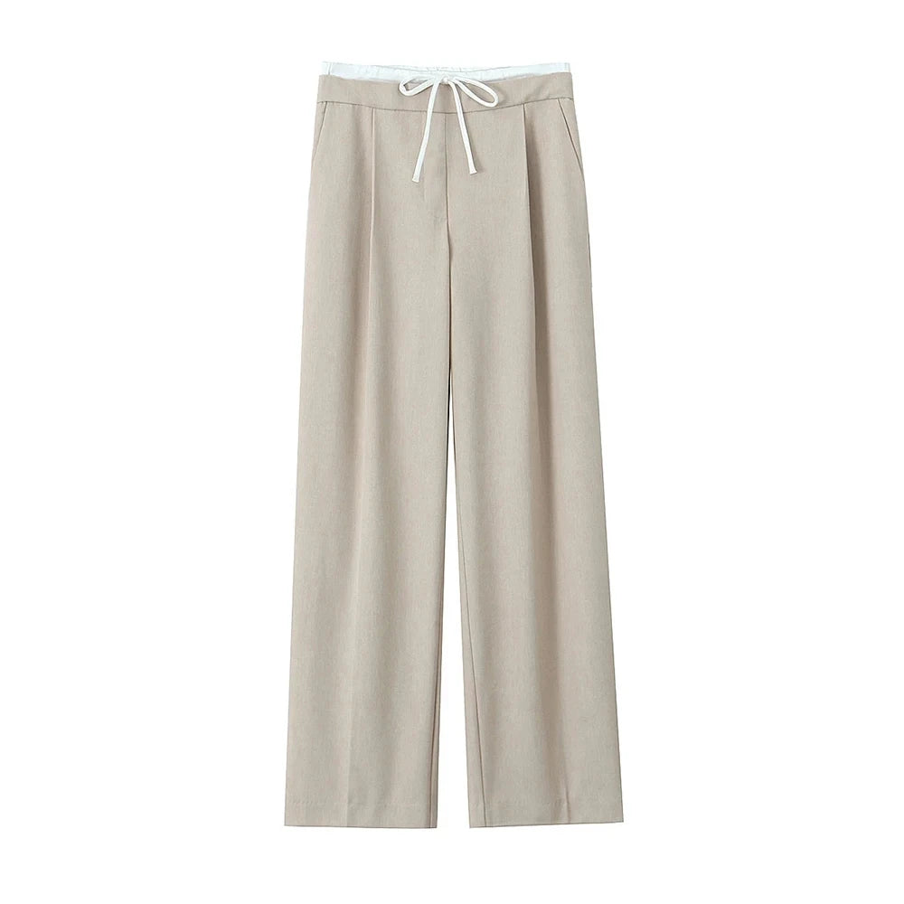 Women's Double Waistband Wide Leg Pants, High Elastic Waist With Drawstring, Side Pockets, Female Trousers, Chic Fashion