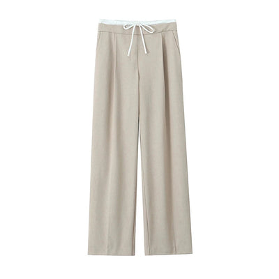 Women's Double Waistband Wide Leg Pants, High Elastic Waist With Drawstring, Side Pockets, Female Trousers, Chic Fashion