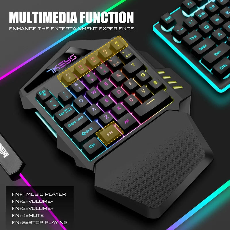 One Hand Wireless Gaming Keyboard RGB Backlit Portable Mini Keyboard Game Controller for PC PS4 Xbox Gamer
