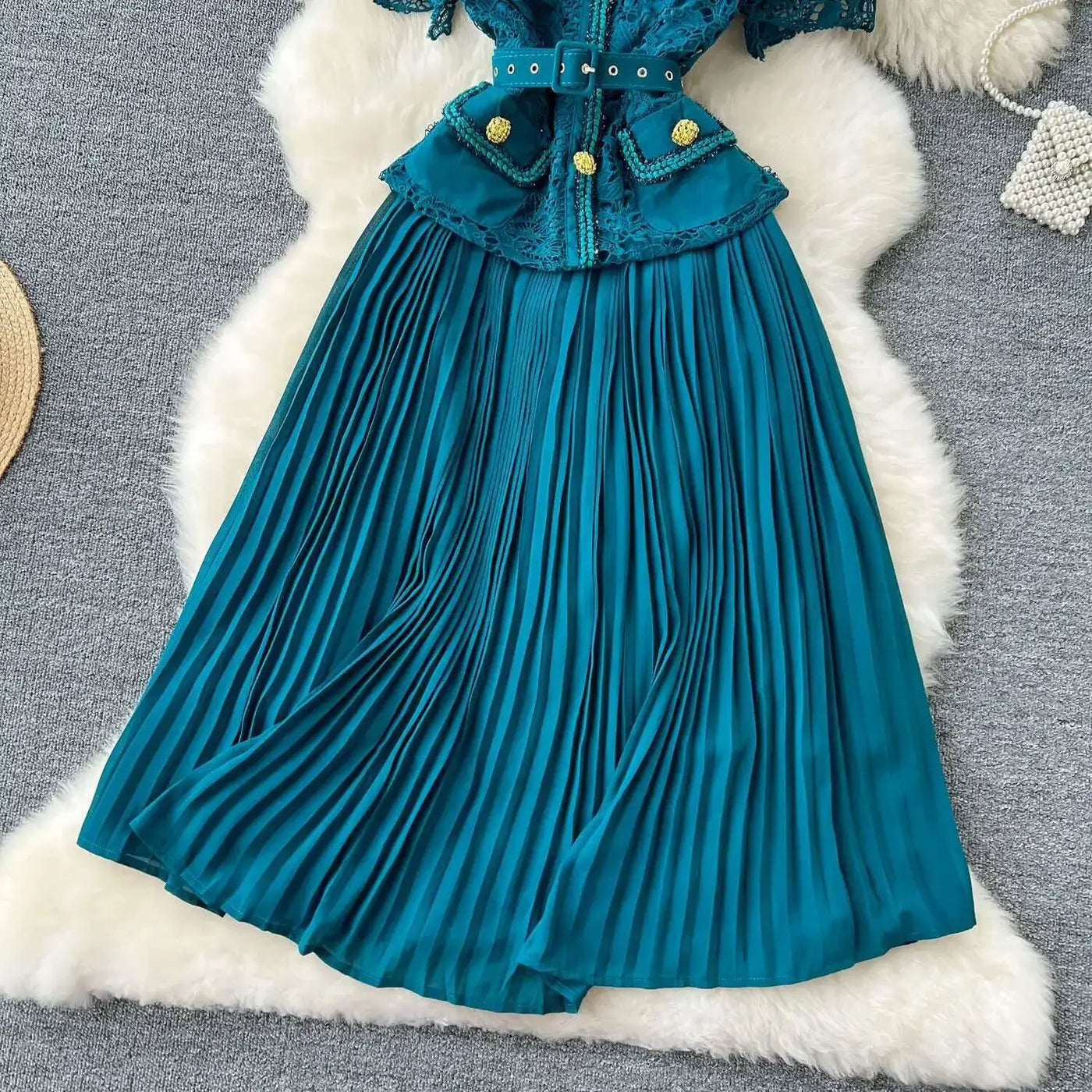 Designer 2025 Summer Pleated Chiffon Lace Long Dress Women Flower Embroidery Gold Button Belt Evening Party Dresses Wedding Robe