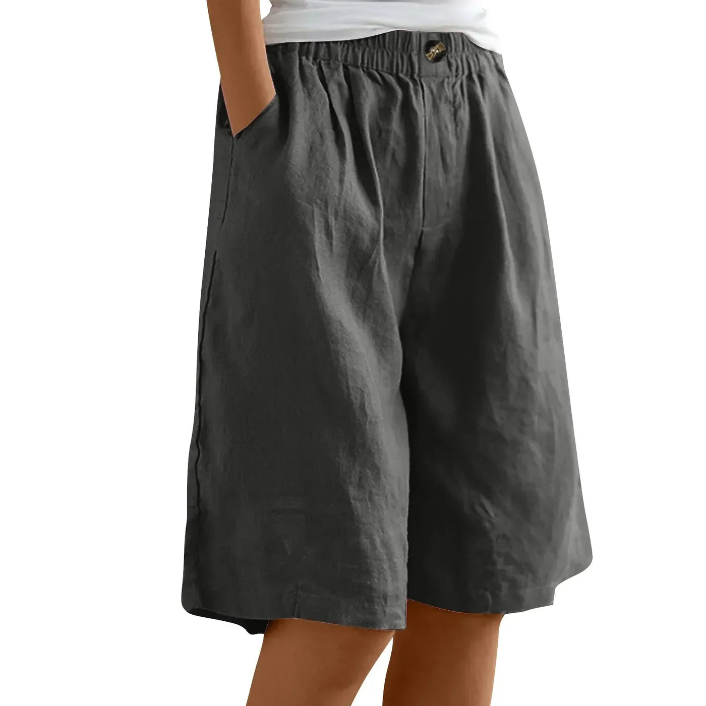 Women's Fashion Solid Color Cotton Linen Shorts - Loose Elastic Waist Capris with Pocket and Button Up Design