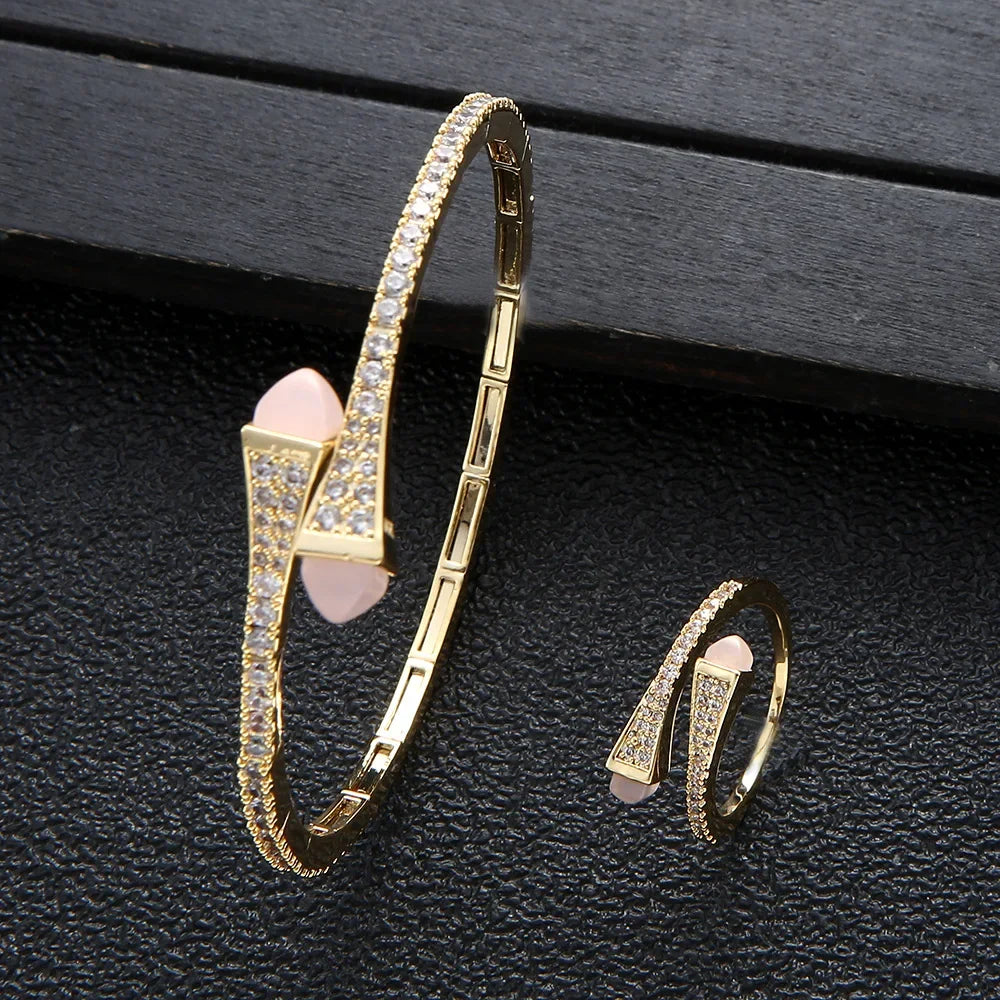 New jerseis Women's Fashion 2 Pcs Bracelet & Ring Set مجموعات المجوهرات Resin Simple Design Gold Open Cuff Bangle Jewelry Set