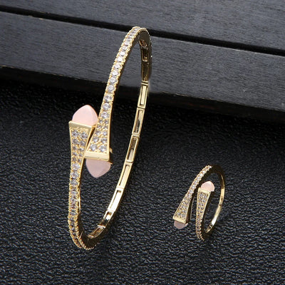 New jerseis Women's Fashion 2 Pcs Bracelet & Ring Set مجموعات المجوهرات Resin Simple Design Gold Open Cuff Bangle Jewelry Set