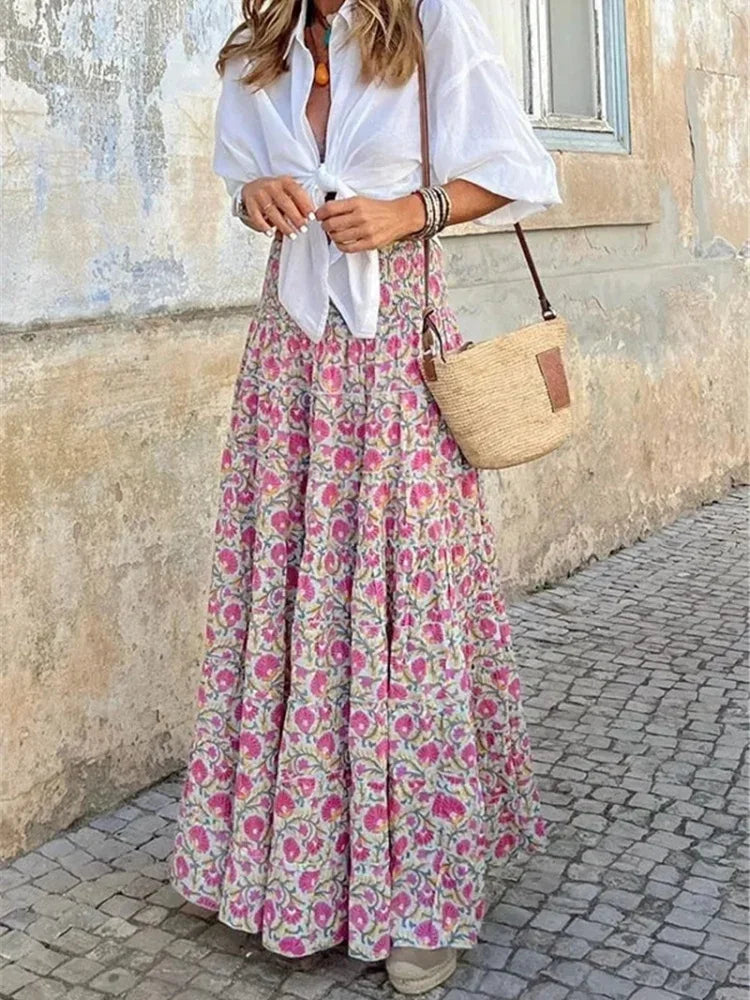 Fashion Skirts for Women Flower Printing Long Skirt Elastic Waist Elegant Clothing  Casual Loose