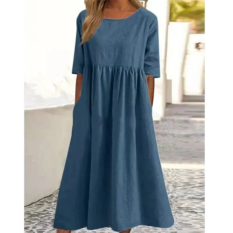 2025 Summer Cotton and Linen Dress Casual Short Sleeve Loose O-Neck Women's Dress with Pockets Simple Solid Midi Dresses 6661#