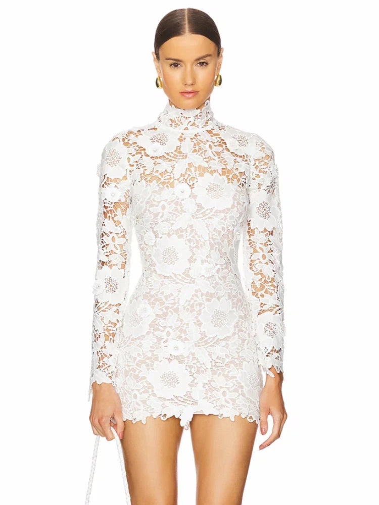 Sexy Turtleneck Gowns Long Sleeve Lace Flower Mini Dress Women White Floral Slim Dresses Elegant Evening Party Cocktail