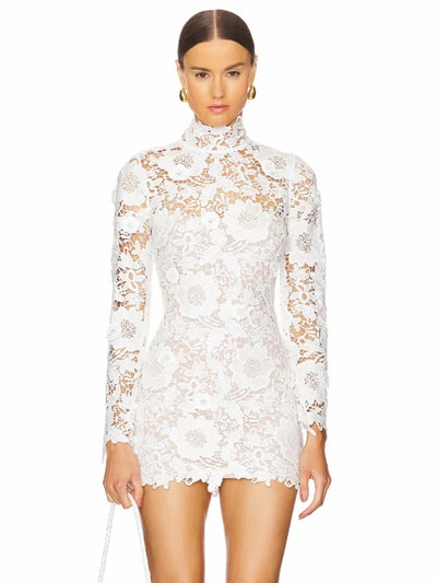 Sexy Turtleneck Gowns Long Sleeve Lace Flower Mini Dress Women White Floral Slim Dresses Elegant Evening Party Cocktail