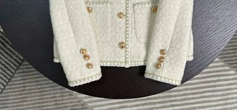 Women Vintage Jacket Autumn Winter Coat Off White Crop French Tweed