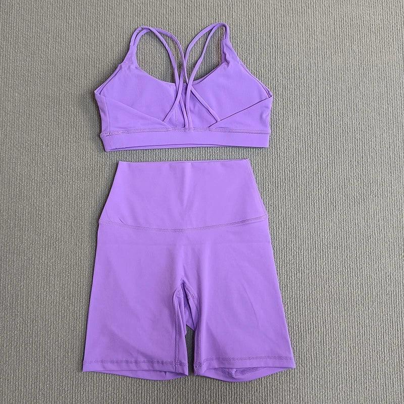 Yoga Shorts Set Gym Sports Set Women Fitness Suit Clothes 2 Piece Cross Back Bra Top High Waist Shorts Running Workout Tracksuit