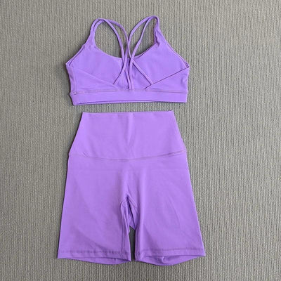 Yoga Shorts Set Gym Sports Set Women Fitness Suit Clothes 2 Piece Cross Back Bra Top High Waist Shorts Running Workout Tracksuit
