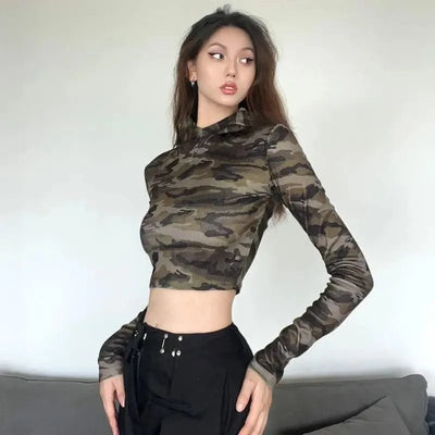 American Camo Streetwear Tops Women Back Hollow Out