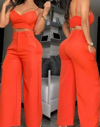 2 Piece Set Women V-Neck Red Top