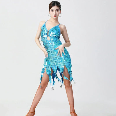 Women's Sexy Deep V Hollow Out Sequin Backless Sling Latin Dance Dress Ladies Charming Salsa Rumba Samba Tango Dancewear