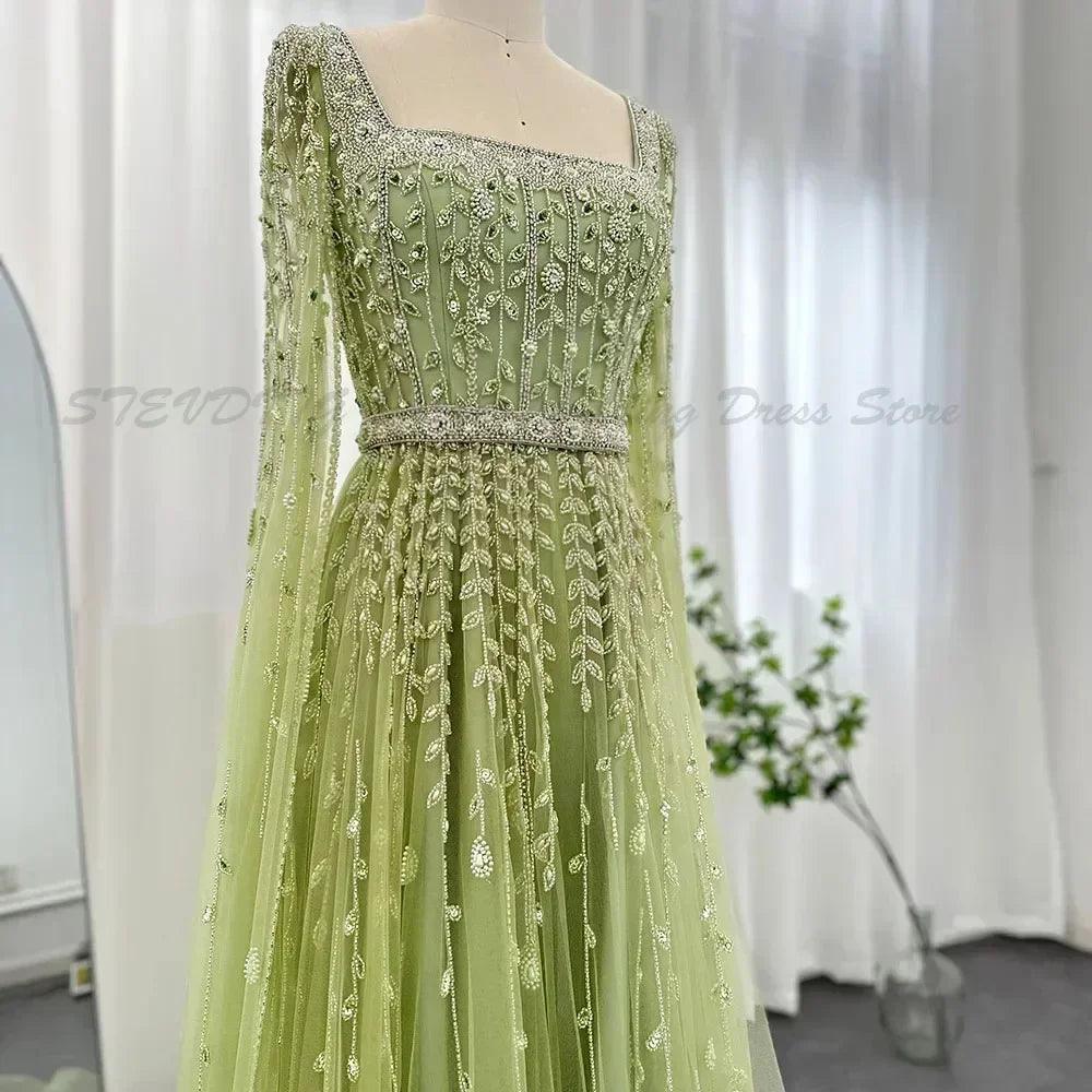 Luxury evening dresses women high quality floor length sweep train long sleeves prom party square collar banquet gowns