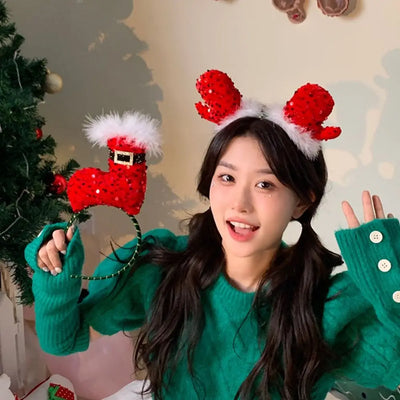 Headwear Sequin Merry Christmas Headbands Festival Red Christmas Hat Hair Hoop Dress Up Plush Holiday Decor