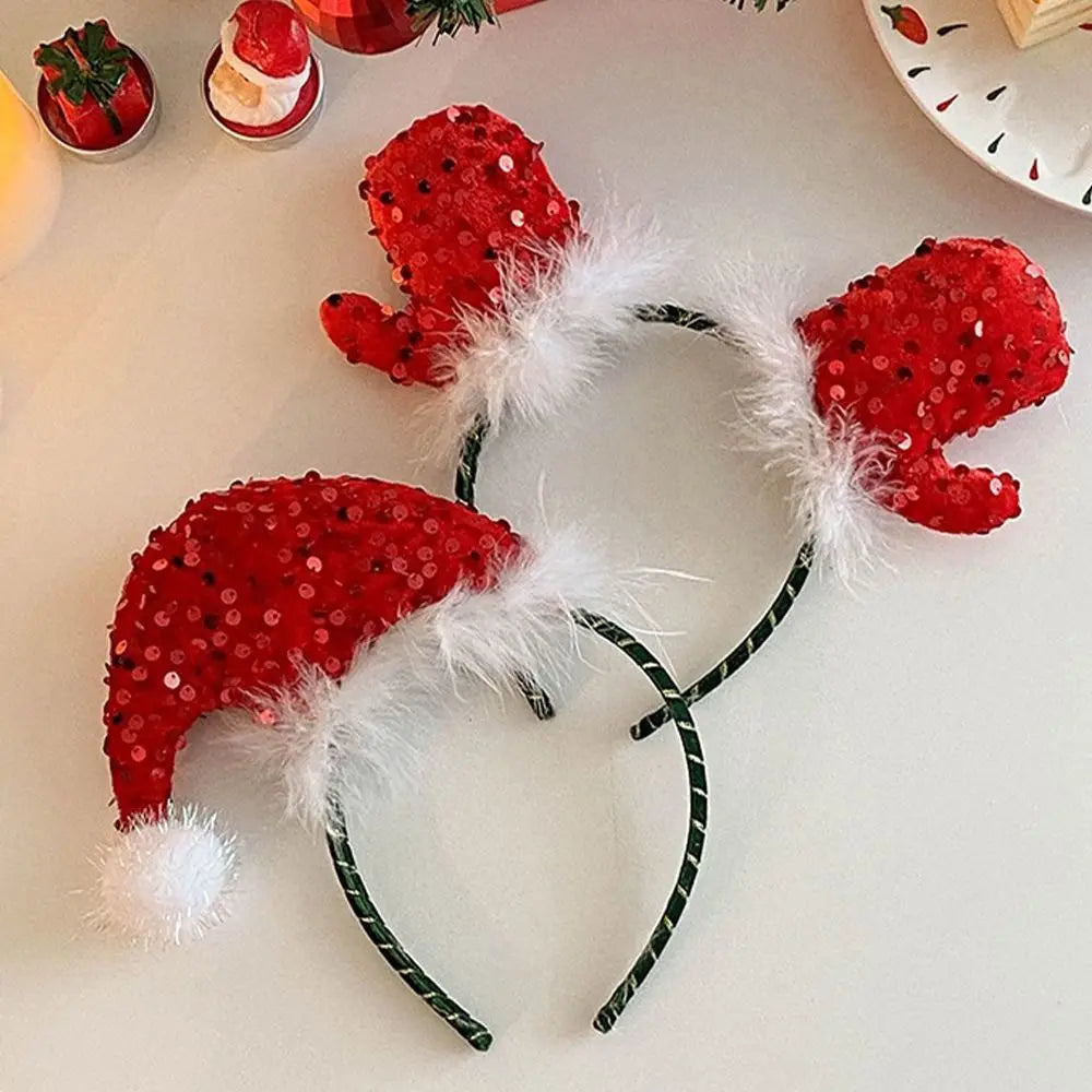 Headwear Sequin Merry Christmas Headbands Festival Red Christmas Hat Hair Hoop Dress Up Plush Holiday Decor