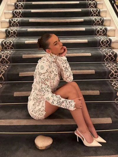 Sexy Turtleneck Gowns Long Sleeve Lace Flower Mini Dress Women White Floral Slim Dresses Elegant Evening Party Cocktail