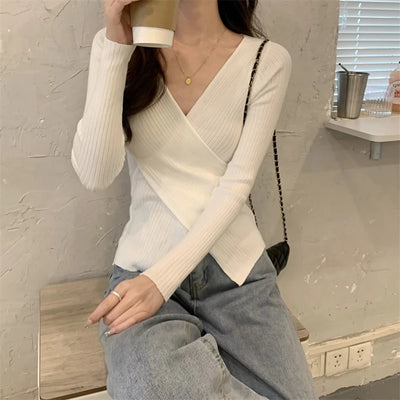 Autumn Winter Knitwear Tops Women Pullover Sweaters Fashion Female Long Sleeve Skinny Elastic Casual V-neck Knitted Shirts