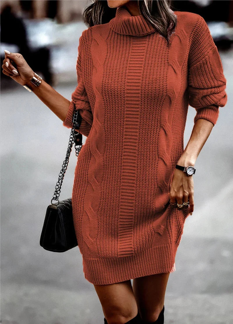 Fashion Turtleneck Wrap Hip Women Sweater Dress Solid Color Knitted Dresses Female Autumn Winter Casual Thickened Warm Mini Gown