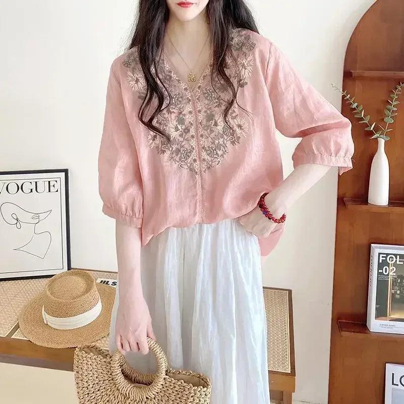 Women’s clothing linen blouse white v-neck embroidered shourt sleeve loose fit artistic casual feminine fashion
