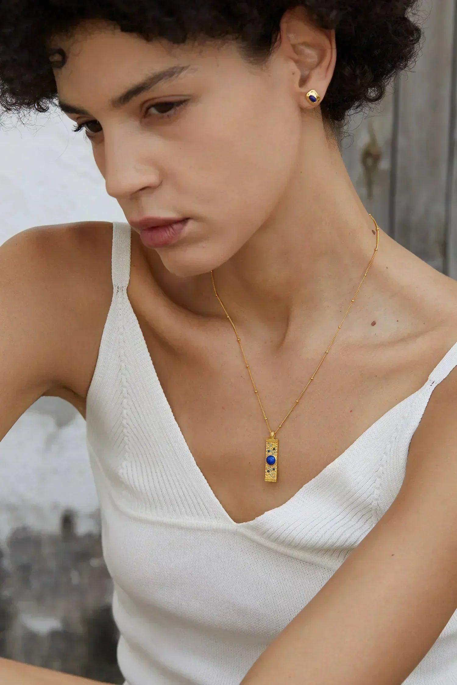 Lapis lazuli cz 925 silver gold plated hammered bar pendant necklace women blue stone geometric trendy dainty luxury
