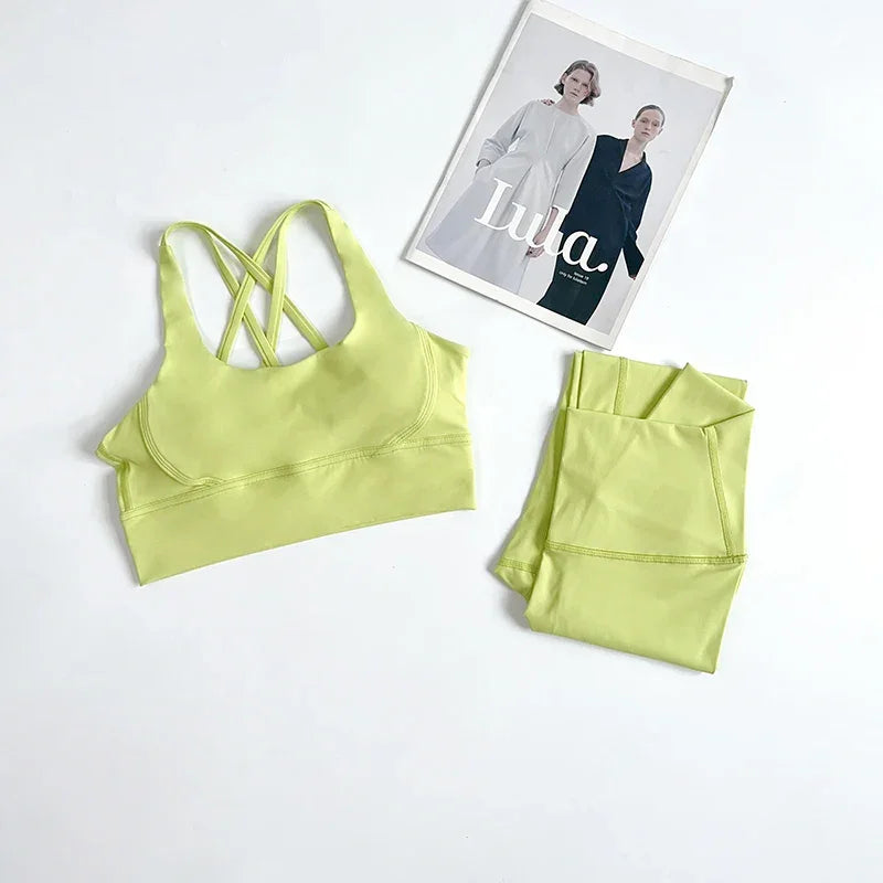 2 Pieces Yoga Set Women Gym Set Workout Clothes Sports Suits High Waist Leggings Cross Straps Fitness Bra Running Tracksuit👚👍️