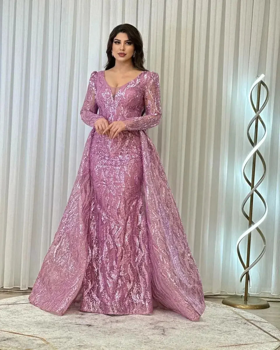 Custom Elegant Purple Women's Prom Dress With O-Neck Long Sleeve Wavy Pattern Sequin Vestidos Party Evening Dress Customiz