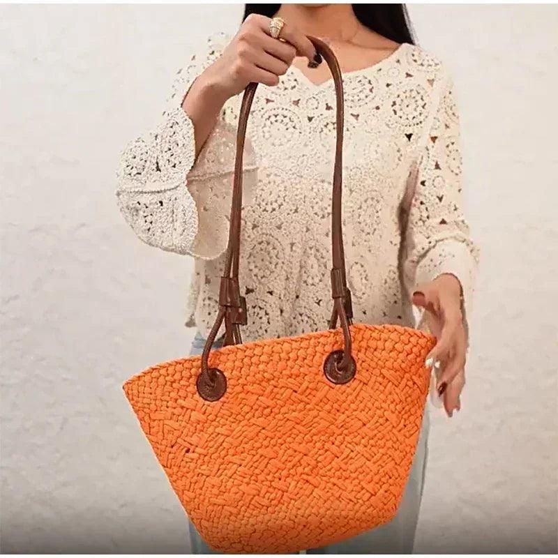 Designer bohemian chic shoulder bag,solid color large capacity straw woven tote bag,nature-inspired beach vacation