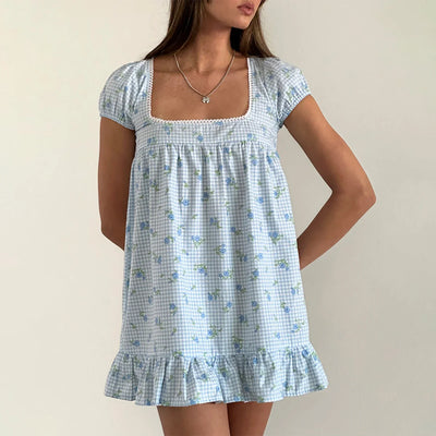 Women's Floral Print Mini Dress Short Sleeve Square Neck Ruffle Hem Babydoll Dress Casual Dress Y2k Gingham Streetwear