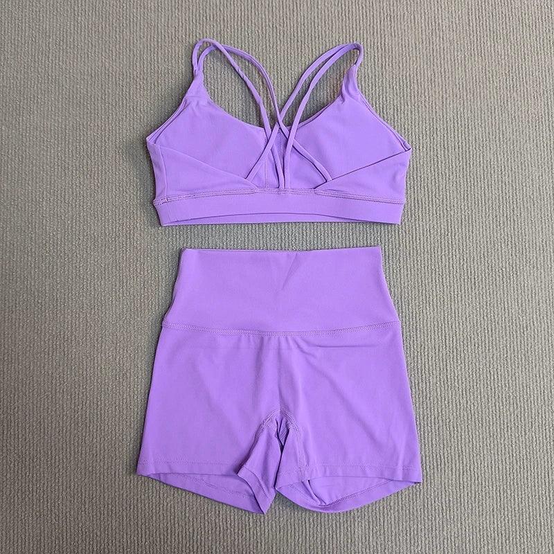 2 Pieces Yoga Set Gym Shorts Sports Set Women Workout Outfit Fitness Suit Cross Straps Bra High Waist Shorts Running Tracksuit