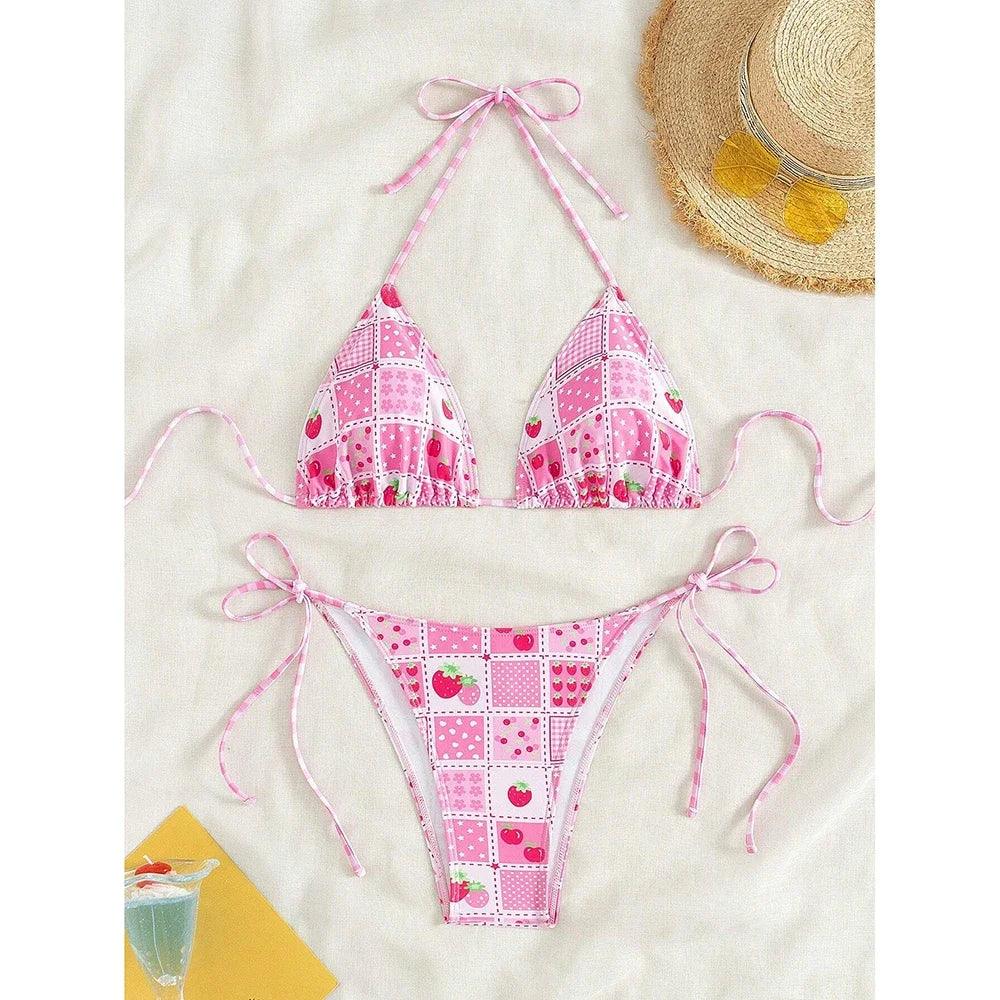 Swimsuit 2025 Female Micro Bikini Women Swimwear Summer Beachwear Women's Bathing Suit Floral Print Neck Halter Thong Bikini Set
