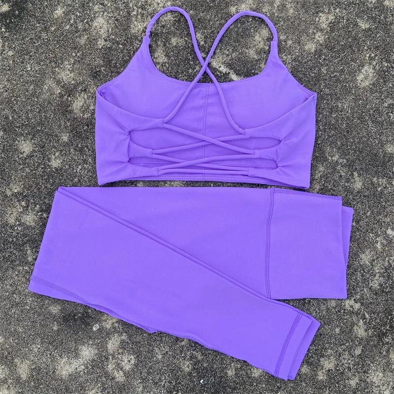 2pcs Gym Leggings Set Yoga Sports Set Women Workout Outfit Fitness Suit Cross Straps Bra High Waist Leggings Running Tracksuit