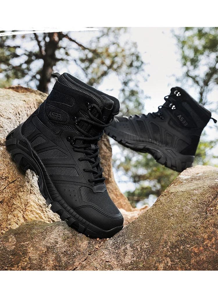 Men's high top hiking boots, sporty and stylish outdoor style, solid color, anti slip and wear-resistant rubber sole