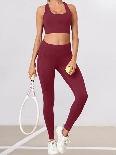 Women's Yoga Suit Cross-Back Sports Bra with Pads Control Leggings with Pockets