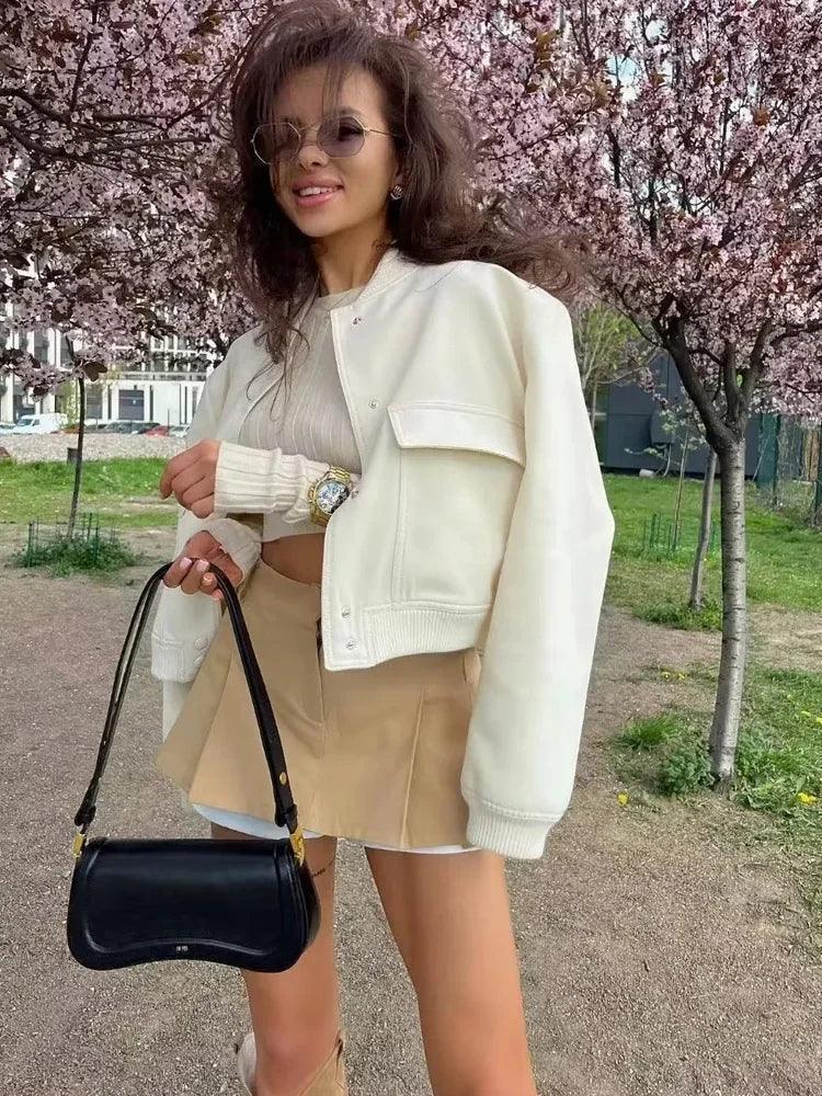 Button bomber cropped jackets woman coat autumn winter outerwear