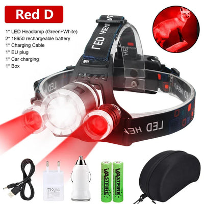 Hunting Headlamp Red+White Dual Light Rechargeable Fixed Focus Waterproof 4Modes Headlight Hunting Camping Hiking Working Light