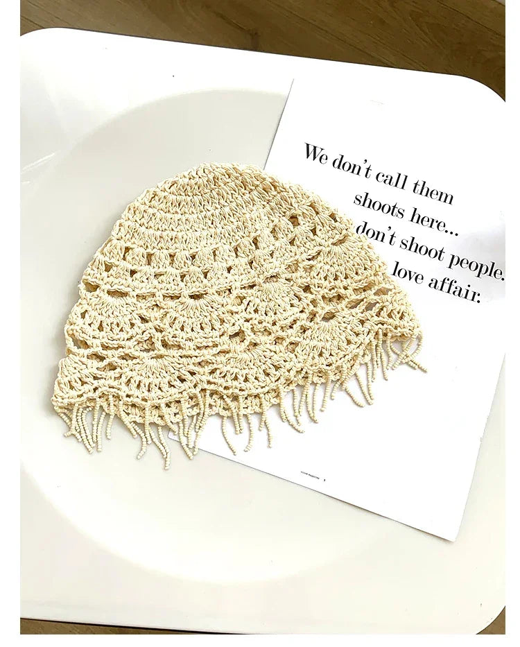Personalized Beaded Fringed Knitted Beanies for Women Summer Autumn Thin Hollow Versatile Casual Retro Ethnic Style Pullover Hat