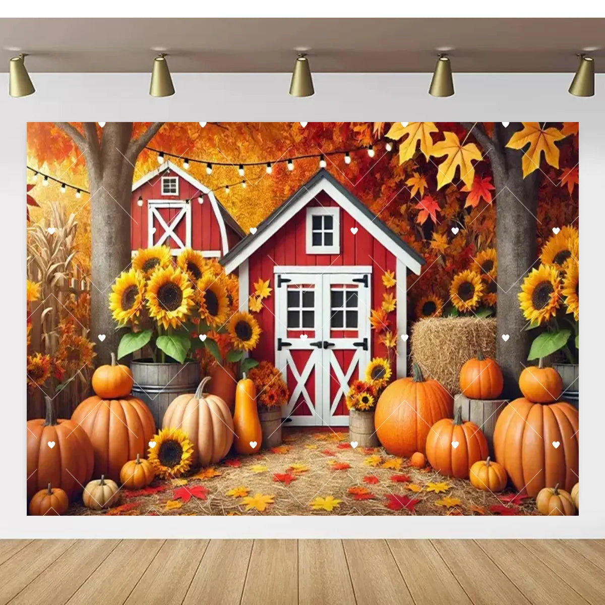 Autumn Thanksgiving Party Photo Backdrop Farm Harvest Maple Leaves Sunflowers Scarecrow Pumpkin Backdrop Poster Studio Photozone