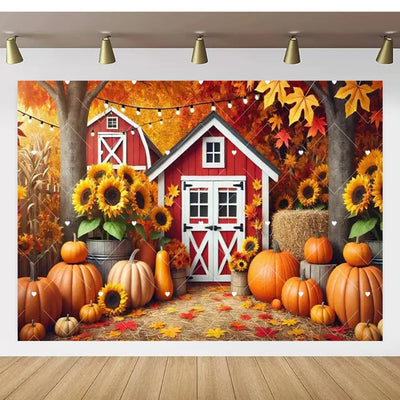 Autumn Thanksgiving Party Photo Backdrop Farm Harvest Maple Leaves Sunflowers Scarecrow Pumpkin Backdrop Poster Studio Photozone